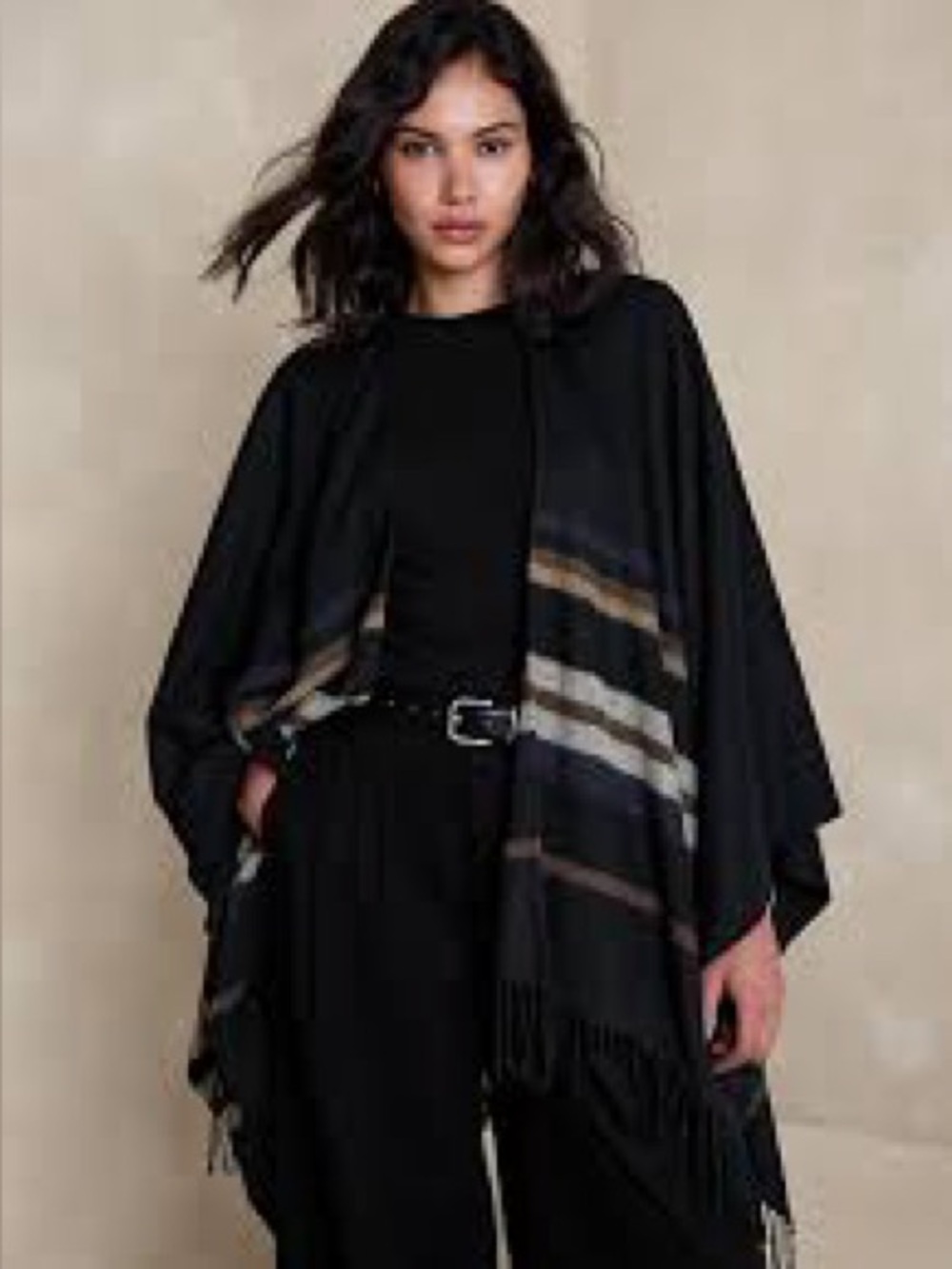 NWT Women’s Banana Republic Wool Blend Black Striped Poncho - Sz OS - $150